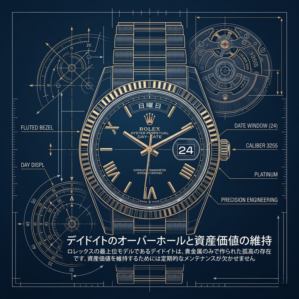 ロレックス・デイデイトの文字盤を背景に、資産価値維持にはメンテナンスが不可欠であることを伝えるスライド画像。