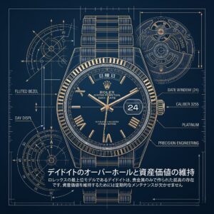 ロレックス・デイデイトの文字盤を背景に、資産価値維持にはメンテナンスが不可欠であることを伝えるスライド画像。