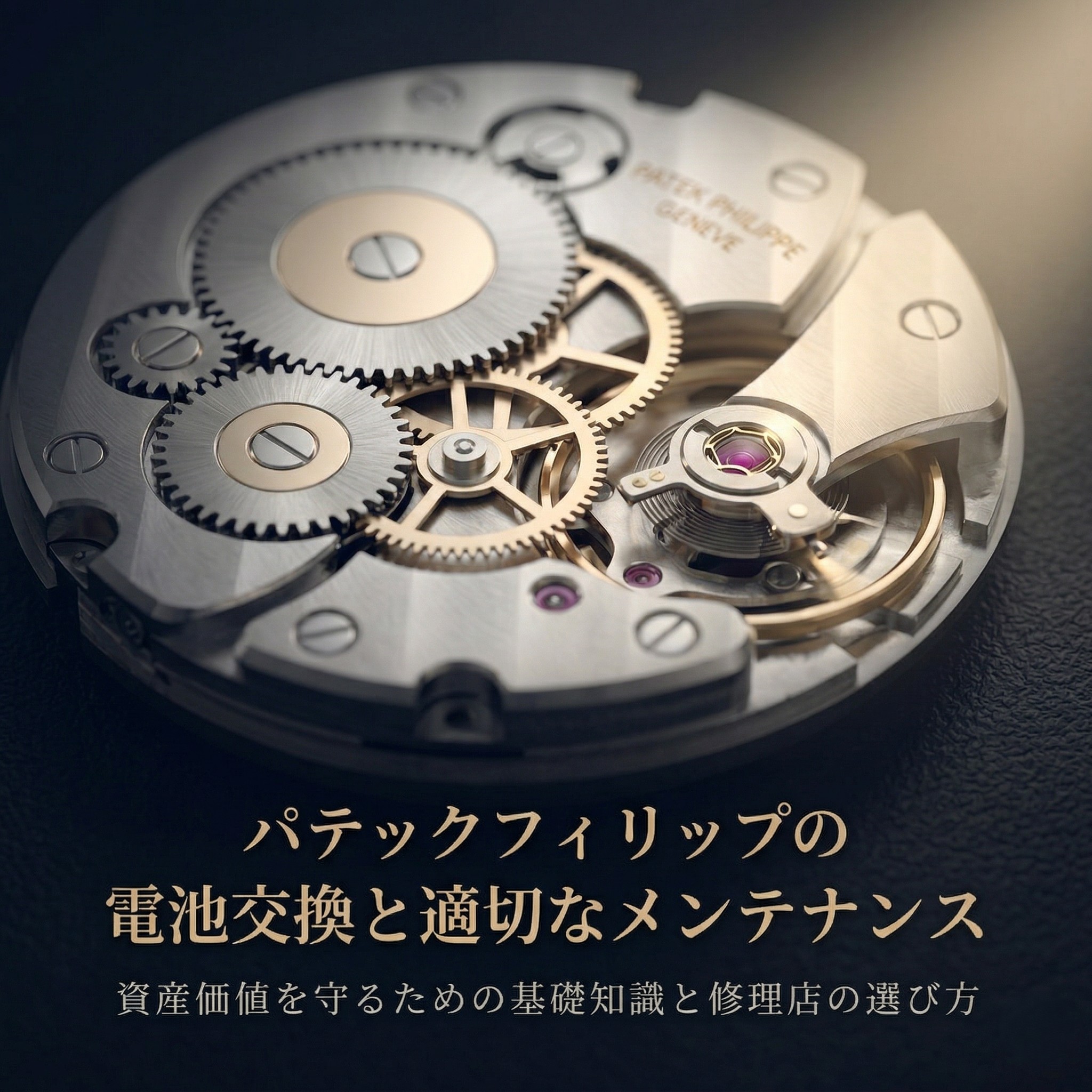 精密な時計内部の歯車が美しく噛み合っている拡大写真と、メンテナンスの基礎知識を記した表紙スライド