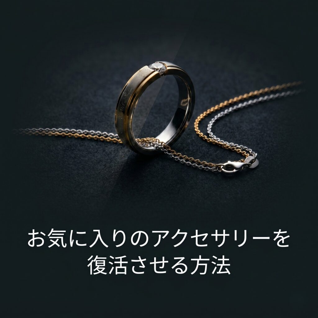 汗・皮脂によるサビ、空気による酸化、摩擦による摩耗という、アクセサリーの輝きが失われる3つの原因を図解したスライド。