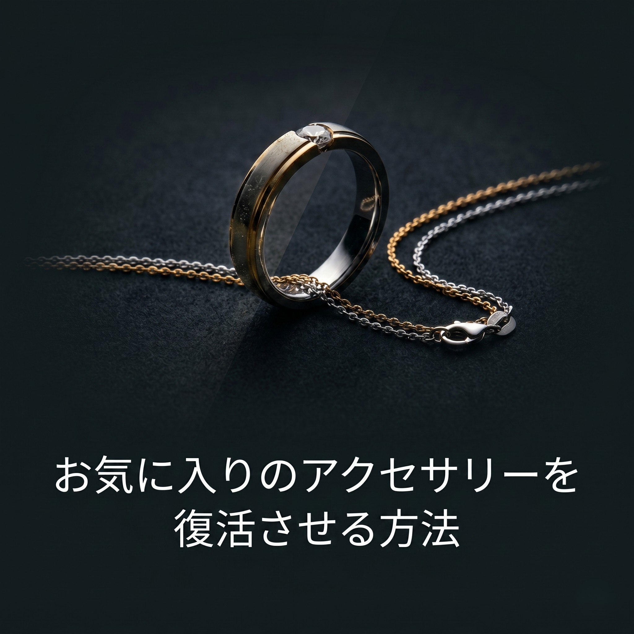 汗・皮脂によるサビ、空気による酸化、摩擦による摩耗という、アクセサリーの輝きが失われる3つの原因を図解したスライド。