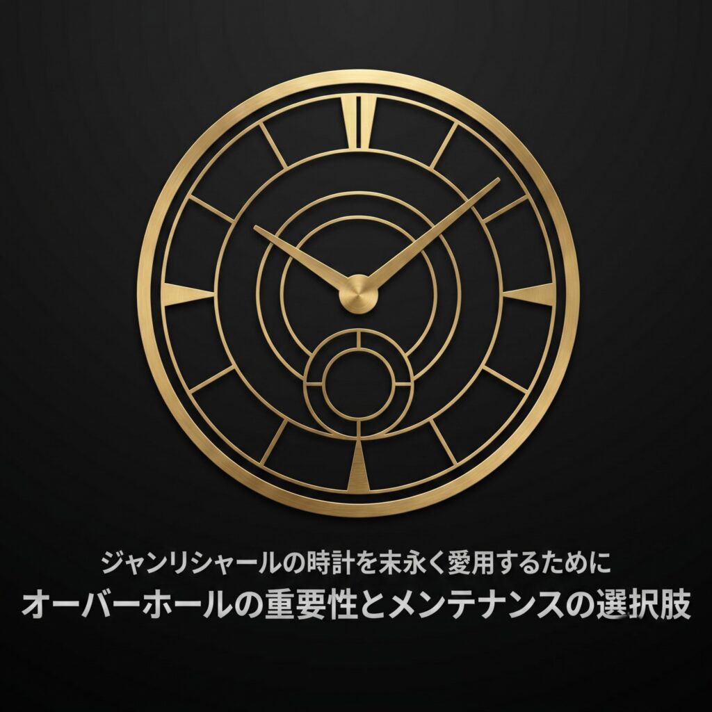 金色の時計の文字盤のイラストを背景に、「ジャンリシャールの時計を末永く愛用するために」「オーバーホールの重要性とメンテナンスの選択肢」と書かれた導入スライド画像。