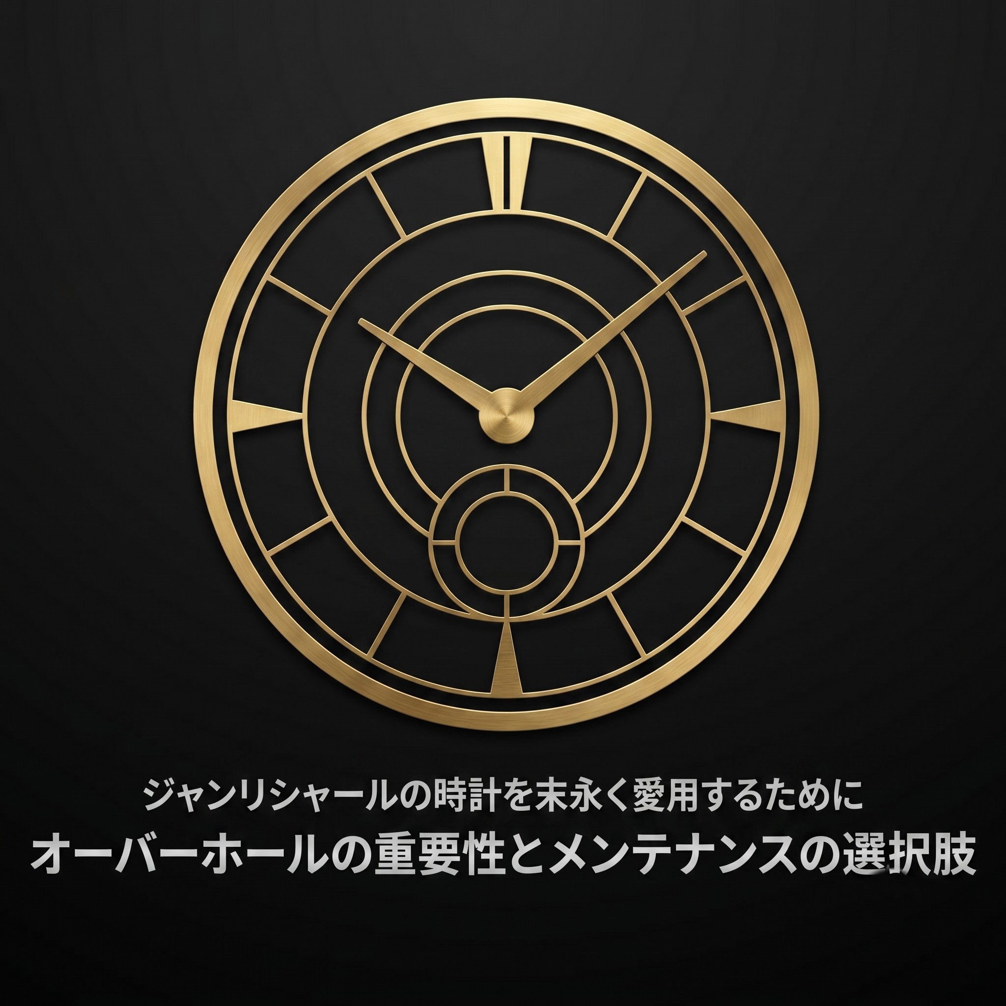 金色の時計の文字盤のイラストを背景に、「ジャンリシャールの時計を末永く愛用するために」「オーバーホールの重要性とメンテナンスの選択肢」と書かれた導入スライド画像。