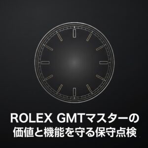 「ROLEX GMTマスターの価値と機能を守る保守点検」と書かれた、本記事のメインテーマを示すタイトルスライド画像。