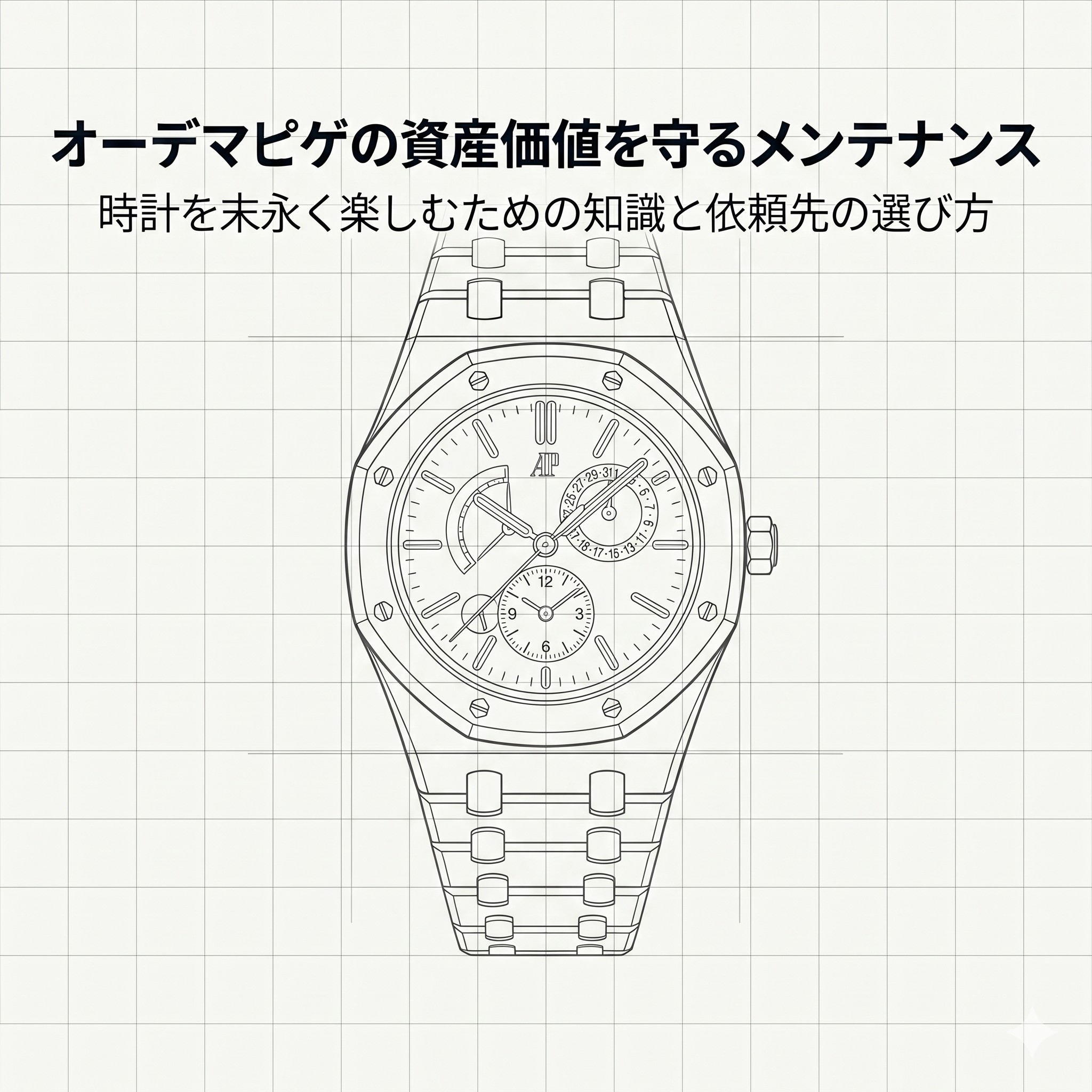 オーデマピゲ・ロイヤルオークのイラストと「資産価値を守るメンテナンス」のタイトル文字