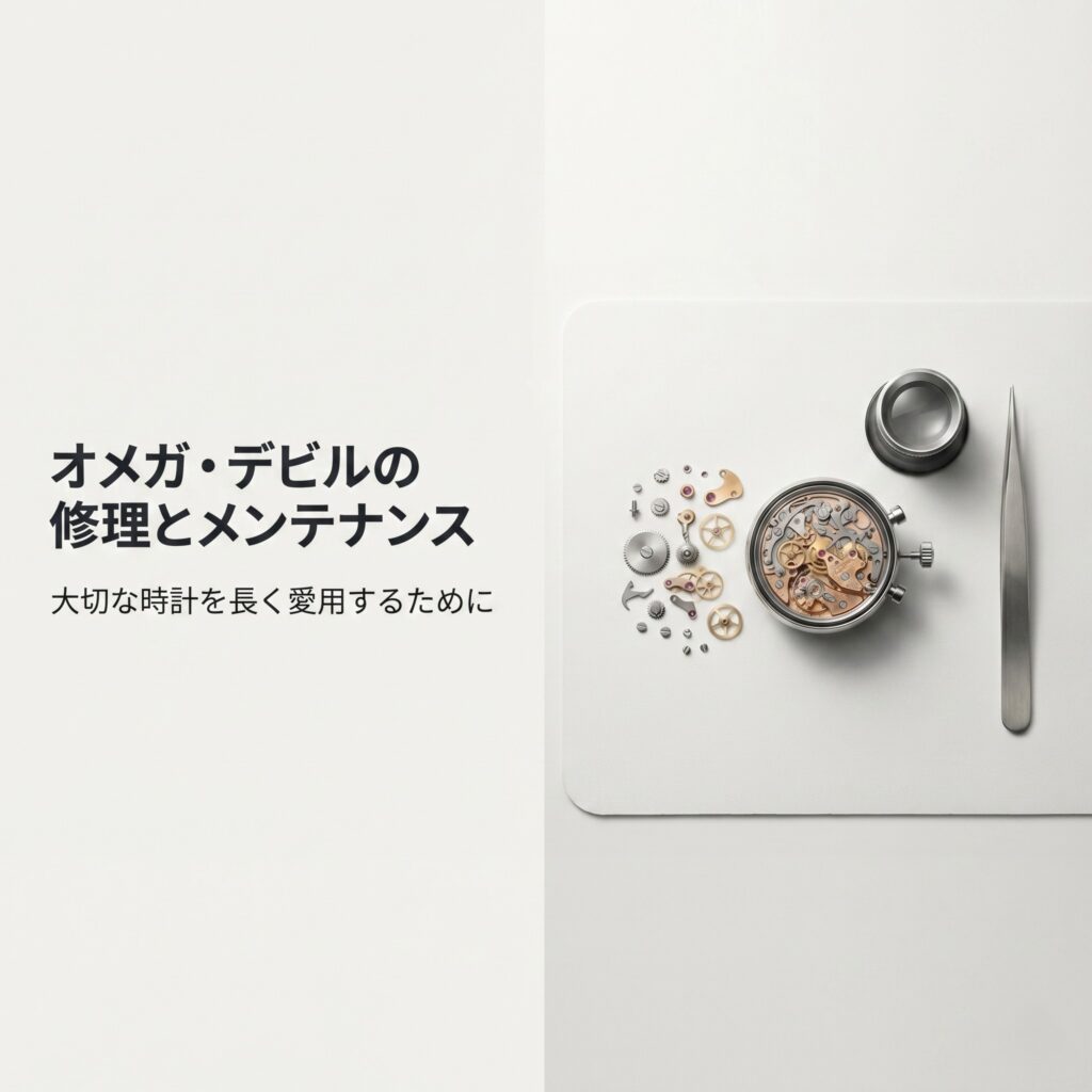 オメガ・デビルの修理とメンテナンス：大切な時計を長く愛用するためにと題されたスライド資料の表紙画像。