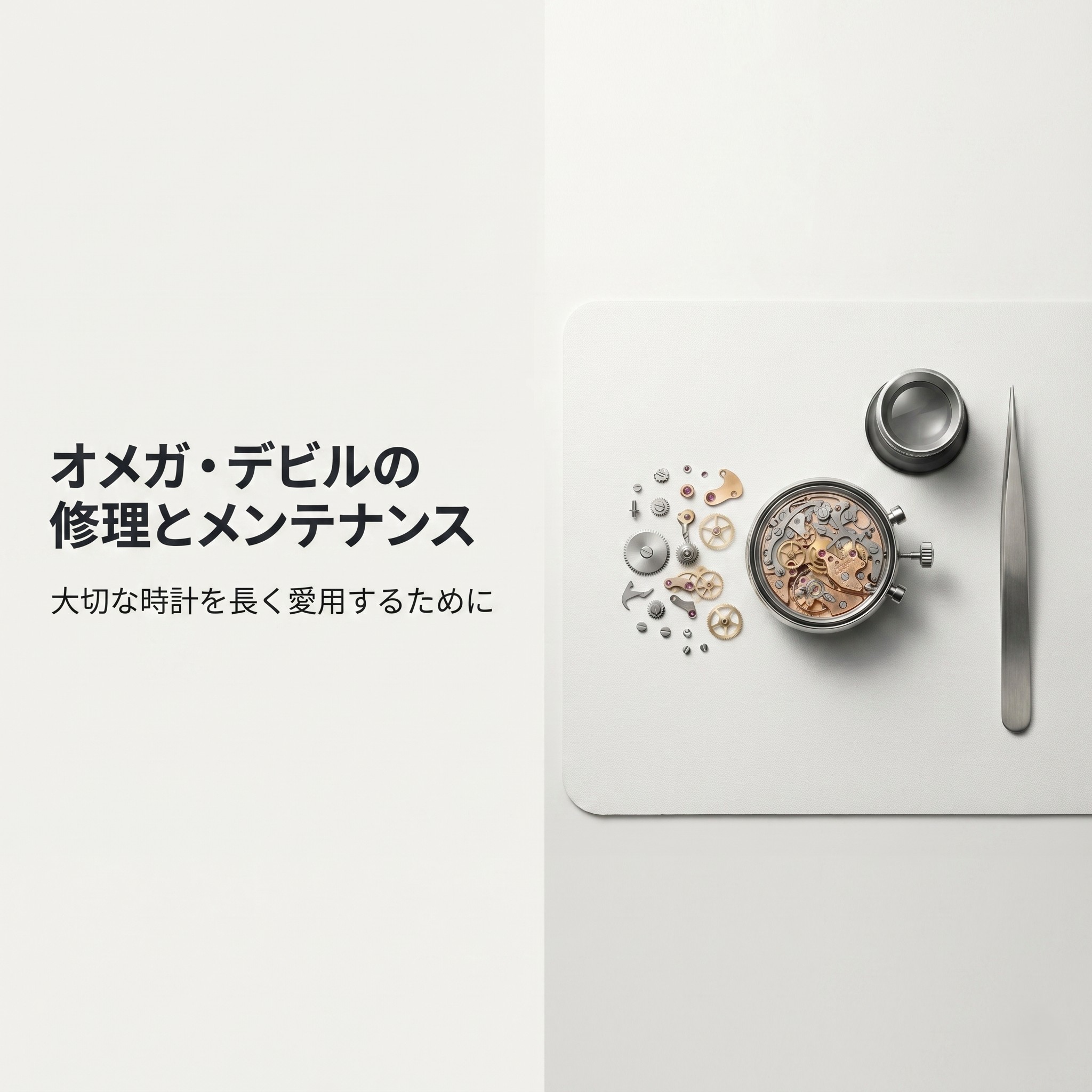 オメガ・デビルの修理とメンテナンス：大切な時計を長く愛用するためにと題されたスライド資料の表紙画像。