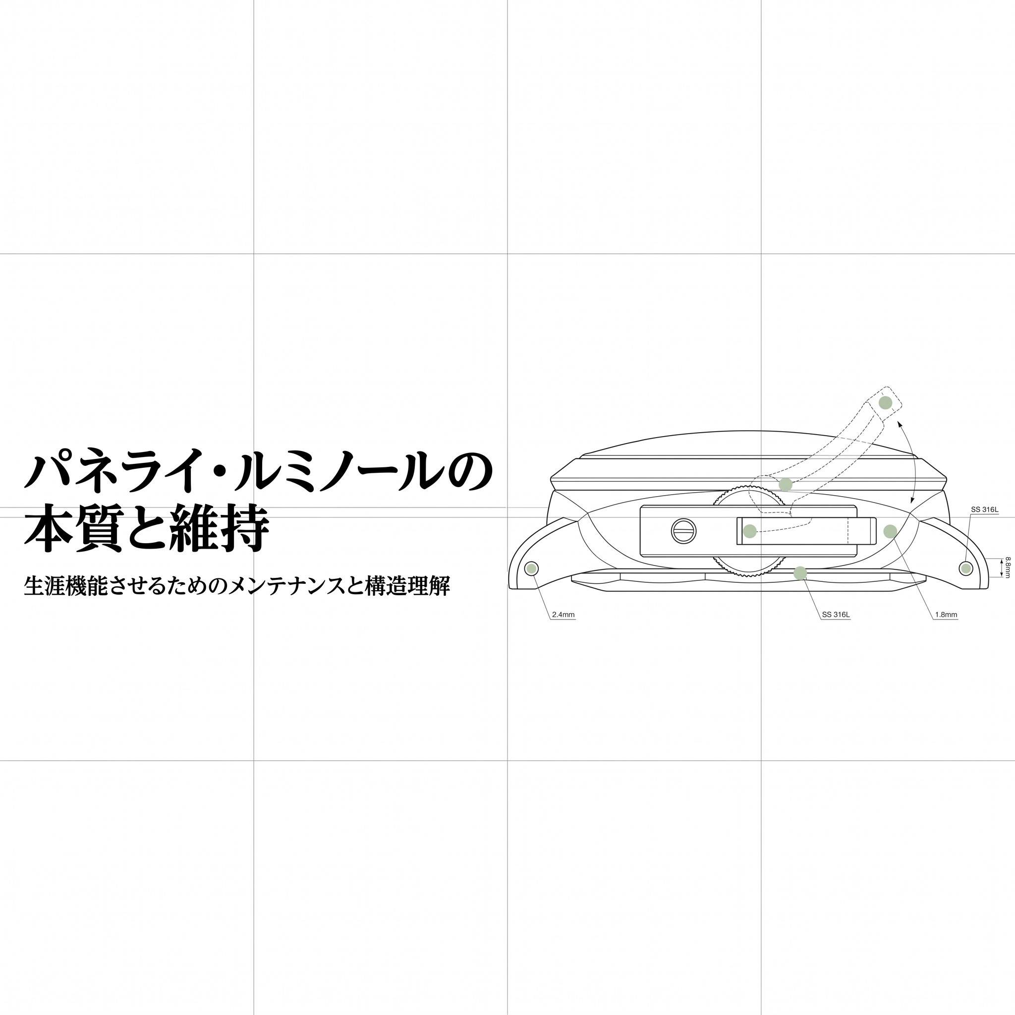 ネライ・ルミノールのクッションケースと特許取得のリューズガードの設計図。316Lステンレススチールや各部の寸法(2.4mm、1.8mm)が記載されている 。