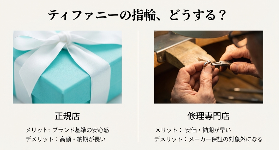 ティファニーの指輪修理における正規店と修理専門店のメリット(安心感・安価・納期)とデメリットの比較