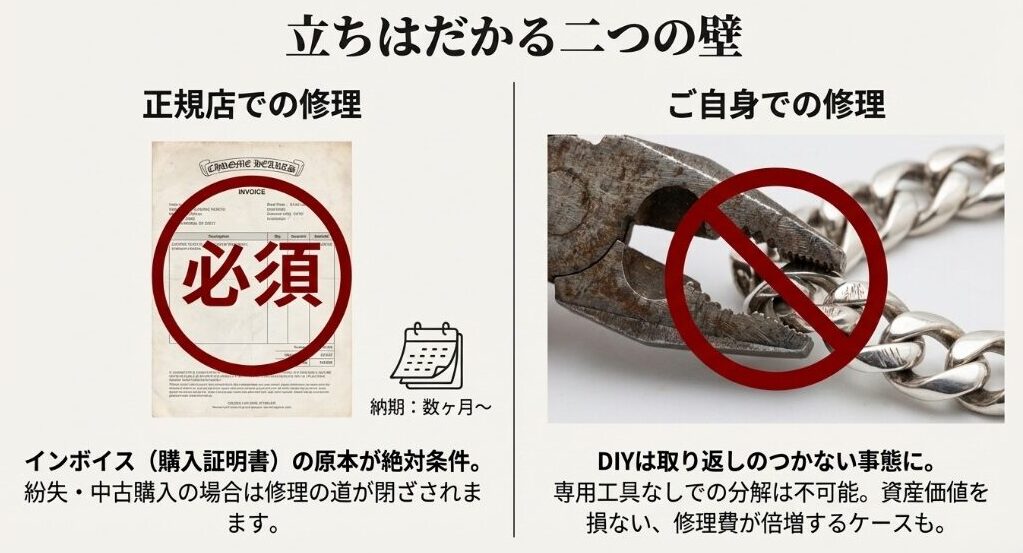 正規店修理にはインボイスが必須であり納期が長いこと、DIY修理は工具がなくリスクが高いこと、という「2つの壁」を示したスライド。