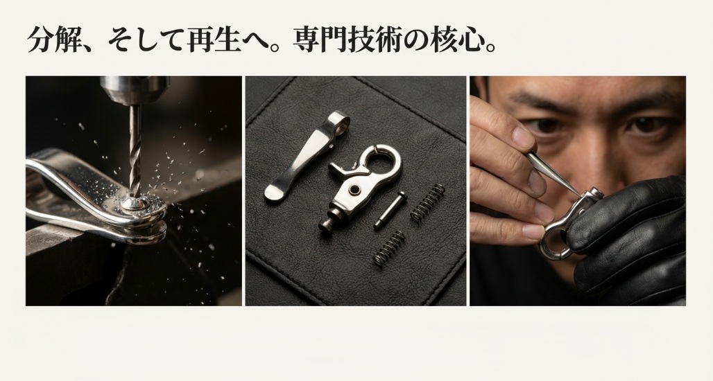 バネ交換には「カシメ(リベット)」の破壊と再構築が不可欠であり、国家資格を持つ技能士だからこそ可能な精密作業であることを解説したスライド。