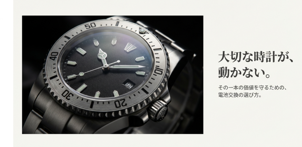 ロレックスのサブマリーナと思われる高級時計のアップ写真。キャッチコピーは「大切な時計が動かない。その一本の価値を守るための電池交換の選び方」。