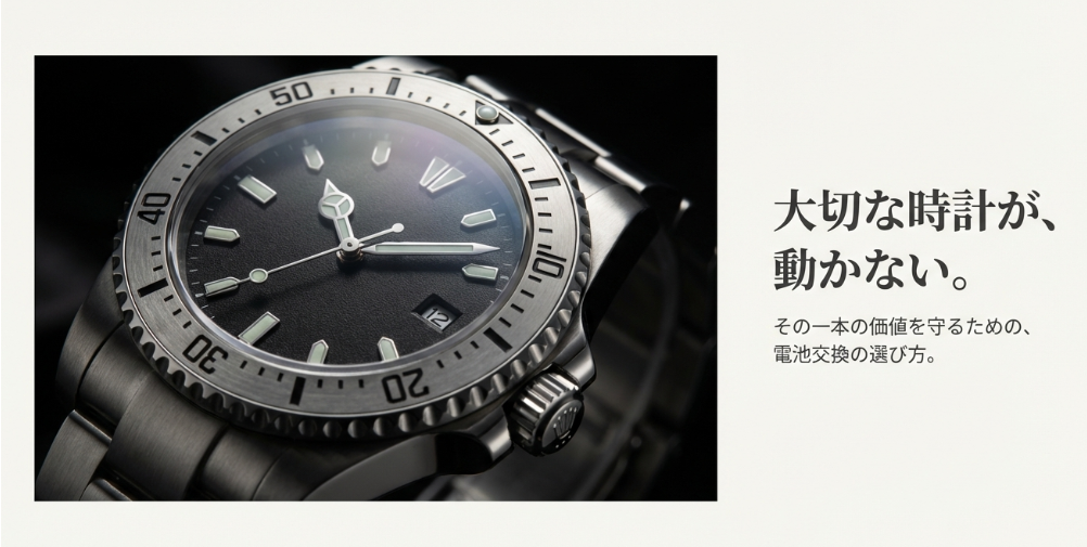 ロレックスのサブマリーナと思われる高級時計のアップ写真。キャッチコピーは「大切な時計が動かない。その一本の価値を守るための電池交換の選び方」。