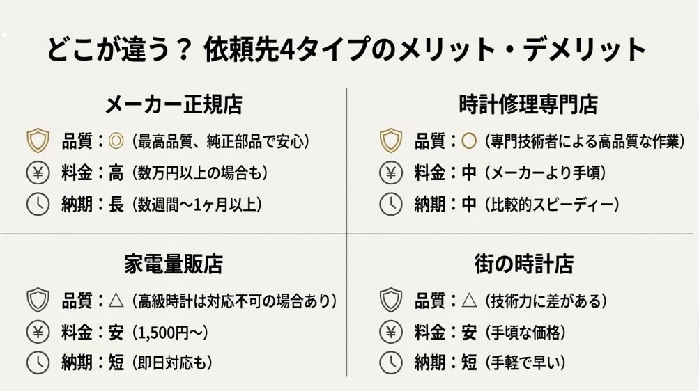 メーカー正規店、家電量販店、時計修理専門店、街の時計店の4タイプにおける、品質・料金・納期を比較した一覧表。メーカーは品質が高いが料金が高く納期が長い、量販店は安くて早いが品質に不安があるなどの特徴がまとめられている。
