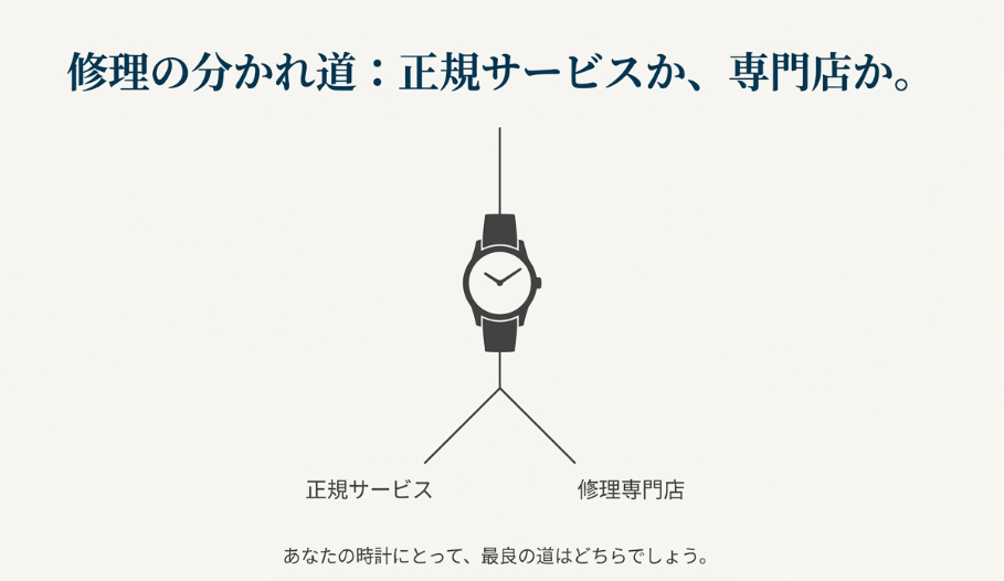 腕時計のイラストから「正規サービス」と「修理専門店」の2つの道に分かれている図。「修理の分かれ道:あなたの時計にとって、最良の道はどちらでしょう」という問いかけ。