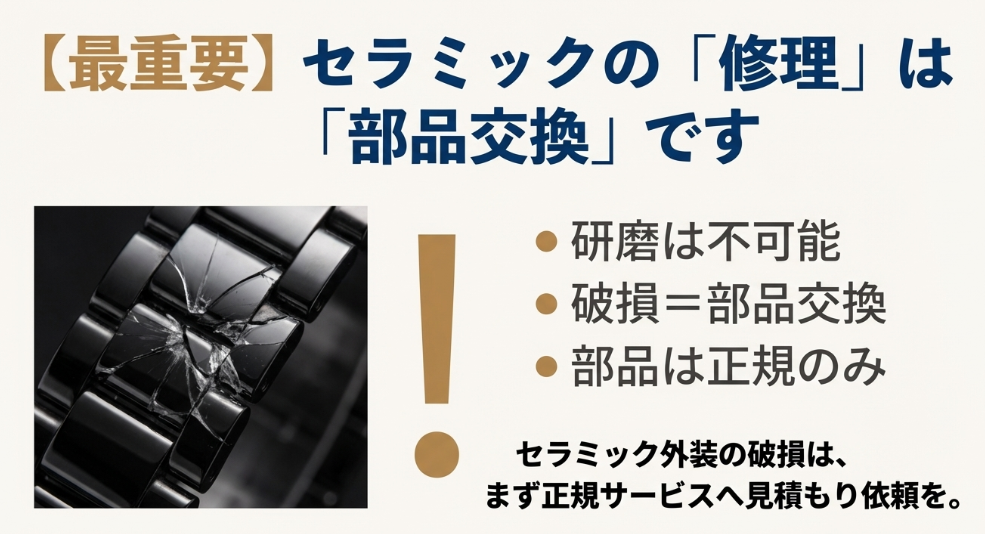 割れてしまった黒いセラミックベルトの写真。「最重要:セラミックの修理は部品交換です」という警告。研磨不可能であり、破損時は正規サービスへの見積もりが必要であることを伝えている。