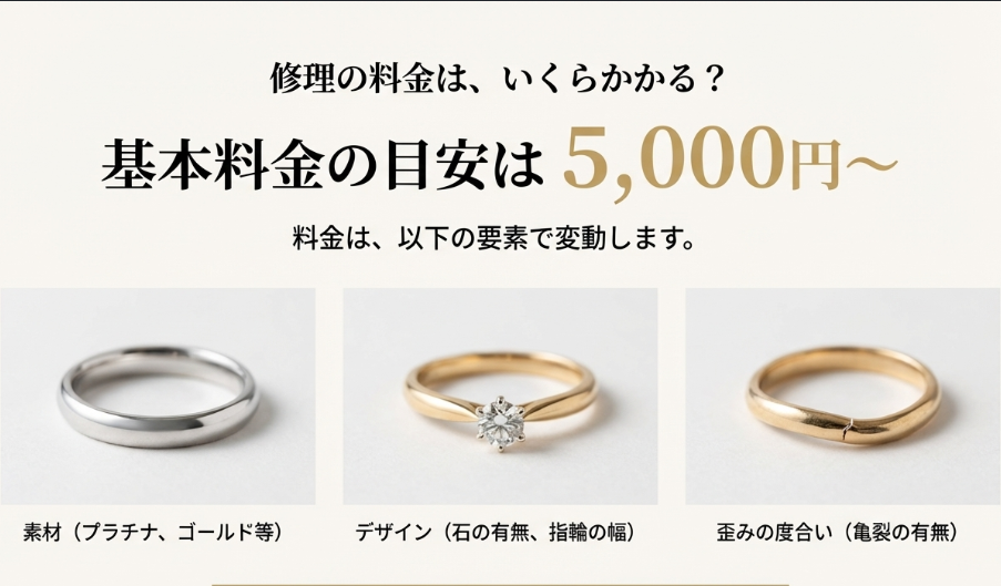 修理の基本料金目安(5,000円〜)と、素材やデザイン、歪み度合いによって料金が変動することを説明したスライド。