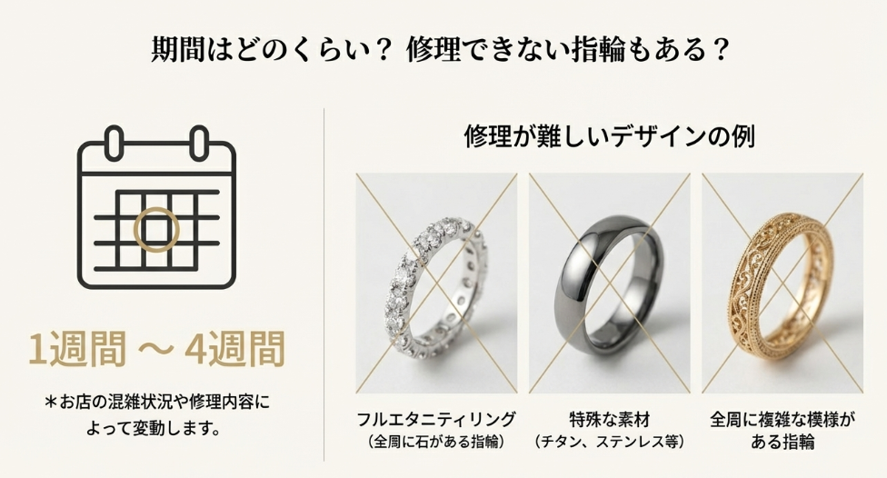 フルエタニティリングや特殊素材など、修理が難しいデザインの例と、修理期間の目安(1週間〜4週間)をまとめたスライド。