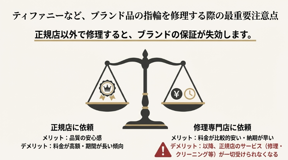正規店と修理専門店を天秤にかけて比較したイラスト。正規店は安心だが高額、専門店は安く早いが正規保証が失効するという注意点を図解。