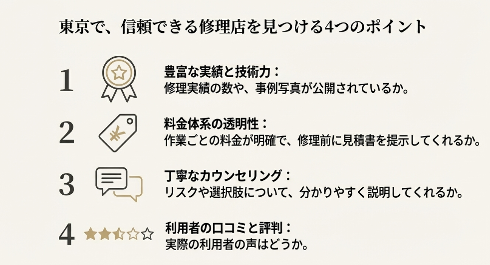 東京で修理店を選ぶ際の4つのポイント(実績と技術力、料金の透明性、丁寧なカウンセリング、口コミと評判)をまとめたスライド。
