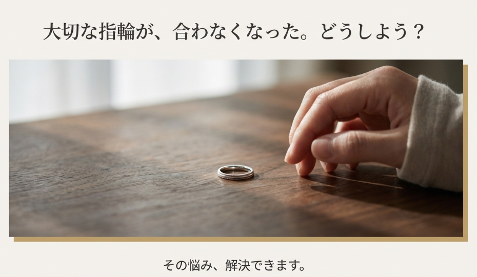 机の上に置かれた指輪と手元の写真。「大切な指輪が合わなくなった。どうしよう？その悩み、解決できます」というキャッチコピー。