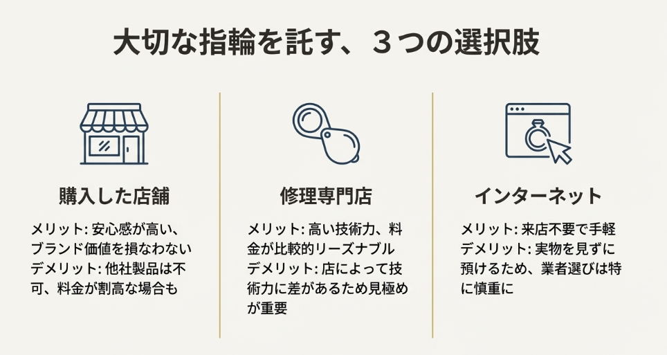購入した店舗、修理専門店、インターネットの3つの依頼先について、安心感や料金、利便性などのメリット・デメリットを比較した図。