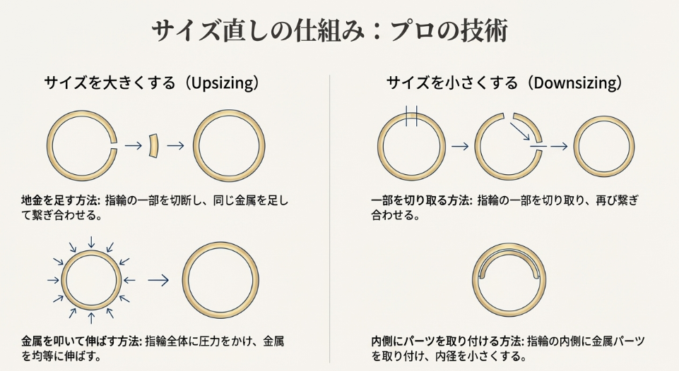 指輪のサイズを大きくする方法（地金足し、叩き出し）と、小さくする方法（切断、内側パーツ追加）の仕組みを分かりやすく解説したイラスト図。