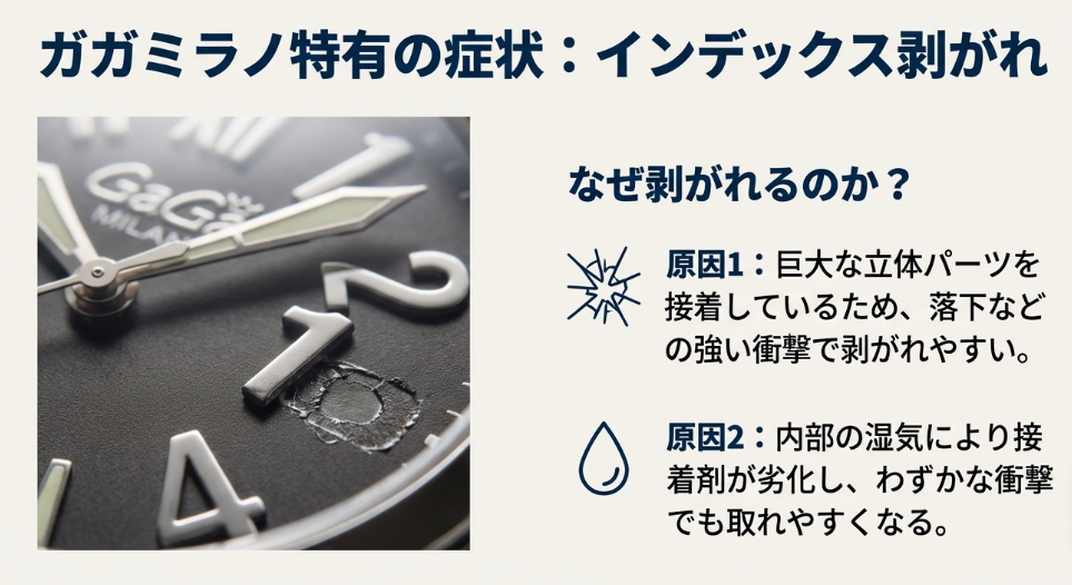 ガガミラノ特有のインデックス（数字）が剥がれた状態の拡大写真。巨大な立体パーツの重みや接着剤の劣化が原因であることを解説している。