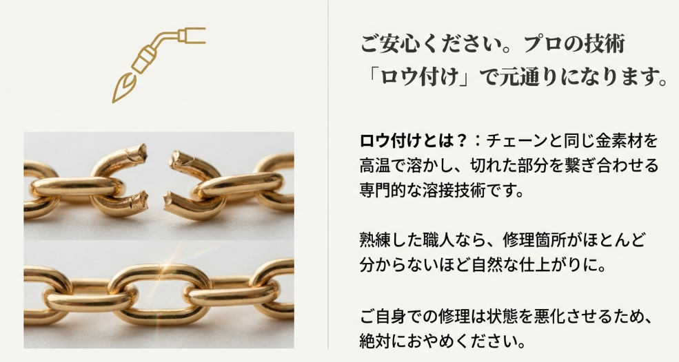 切れたチェーンを繋ぐ専門技術「ロウ付け」の解説図。高温で溶かして繋ぎ合わせ、元の状態に戻すプロセスを示している。