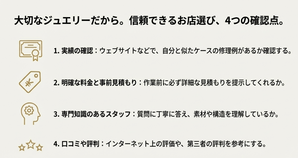 実績の確認、明確な料金、専門知識、口コミ・評判という、信頼できる修理店を選ぶための4つの重要ポイント。
