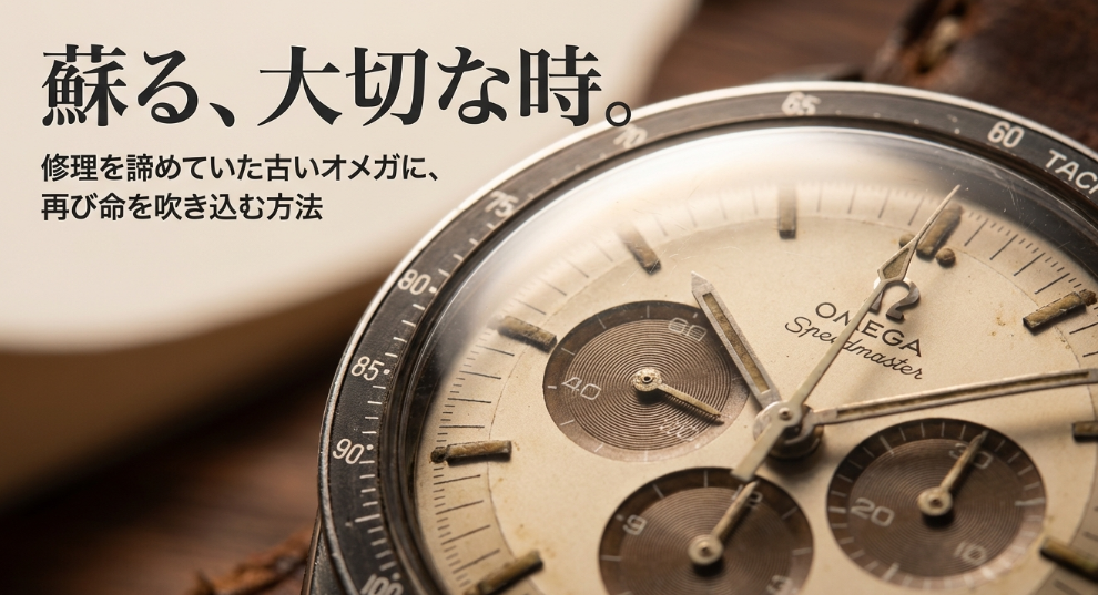 ヴィンテージオメガの修理を諦めないためのガイド。「蘇る、大切な時」というキャッチコピーと共に、古いスピードマスターの文字盤が映っている。