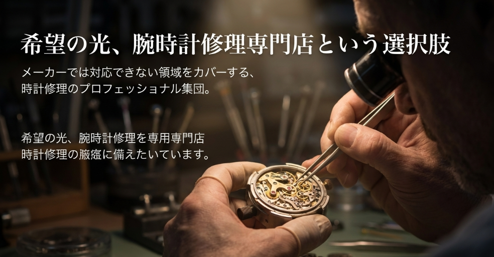 メーカーでは対応できない領域をカバーする「時計修理のプロフェッショナル集団」としての専門店を紹介するスライド。