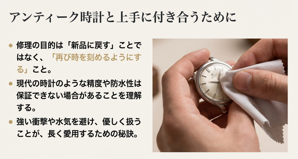 古い時計は新品に戻すのではなく「時を刻めるようにする」ことが目的であり、衝撃や水気に注意が必要であることを解説したスライド。