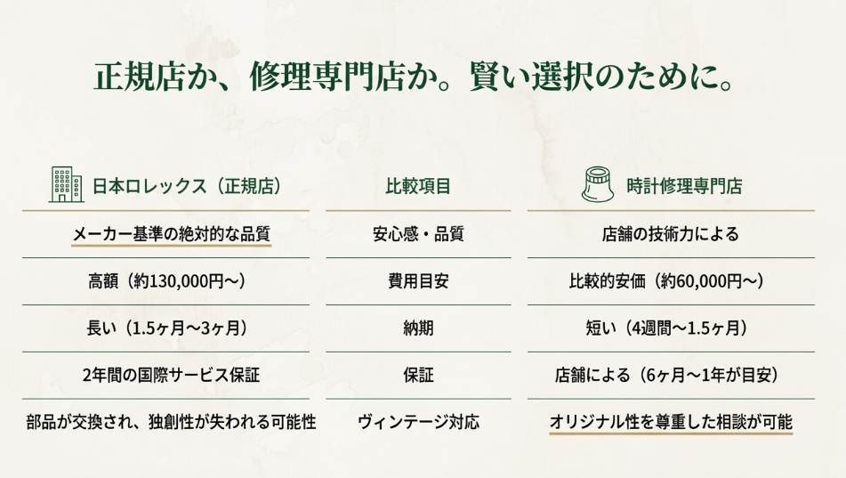 正規店と修理専門店の比較チャート。価格、納期、オリジナル性の観点から、それぞれのメリット・デメリットを天秤にかけて比較している。