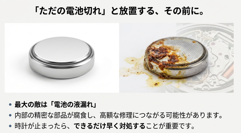 電池の液漏れが内部の精密部品を腐食させる様子と、「止まったらできるだけ早く対処」すべき理由を警告する画像。