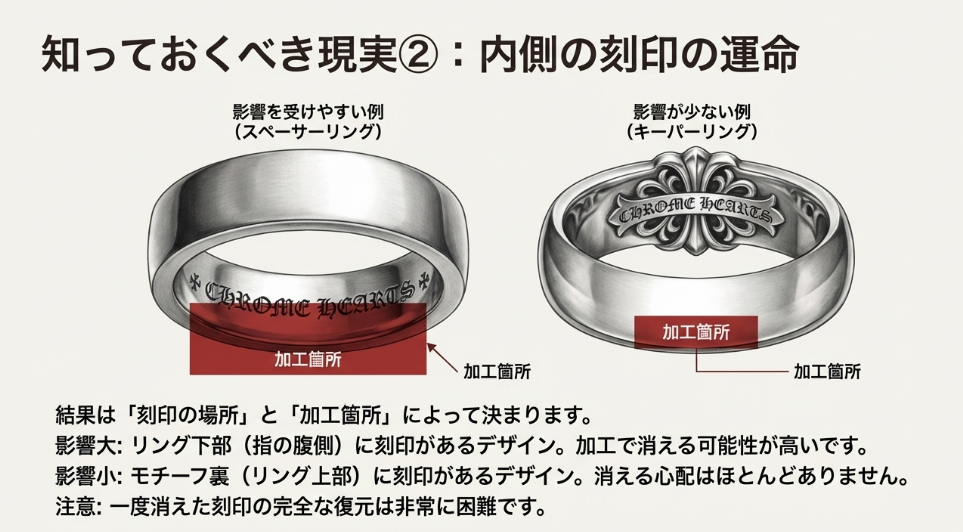 スペーサーリングやキーパーリングを例に、刻印の位置によってサイズ直しで消えるかどうかが変わることを解説した図。