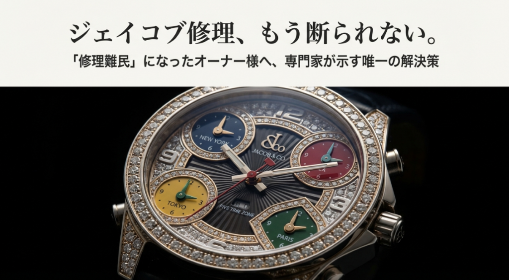 ジェイコブ・ファイブタイムゾーンの時計画像と「修理難民になったオーナー様へ、専門家が示す唯一の解決策」というキャッチコピー。