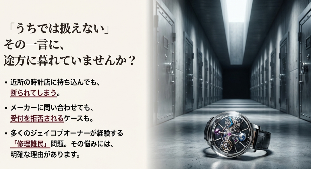 メーカーや一般の時計店で修理を断られ「修理難民」となってしまうジェイコブオーナーの悩みのリスト。