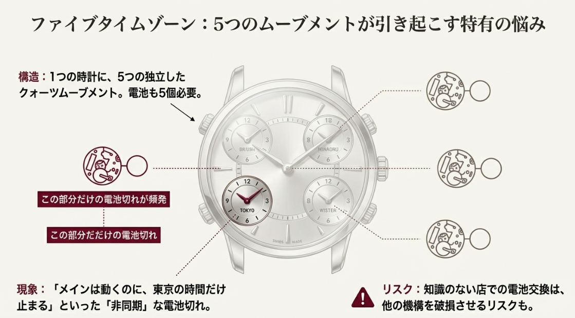 ファイブタイムゾーンの構造図解。1つの時計に5つの独立したクォーツと電池が入っており、それぞれが非同期に電池切れを起こす仕組み。