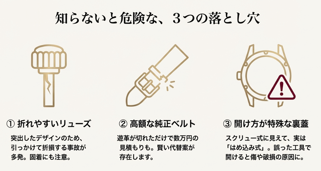 ジェイコブに多いトラブル。折れやすいリューズ、高額な純正ベルト、開け方が特殊な裏蓋についての注意喚起。