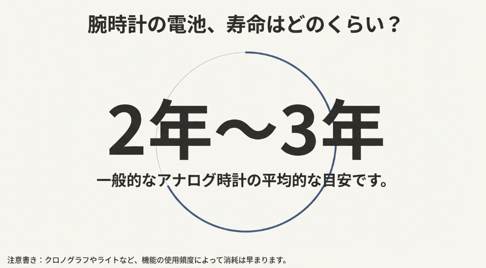 腕時計の電池寿命は平均で2年から3年であることを示すイラスト