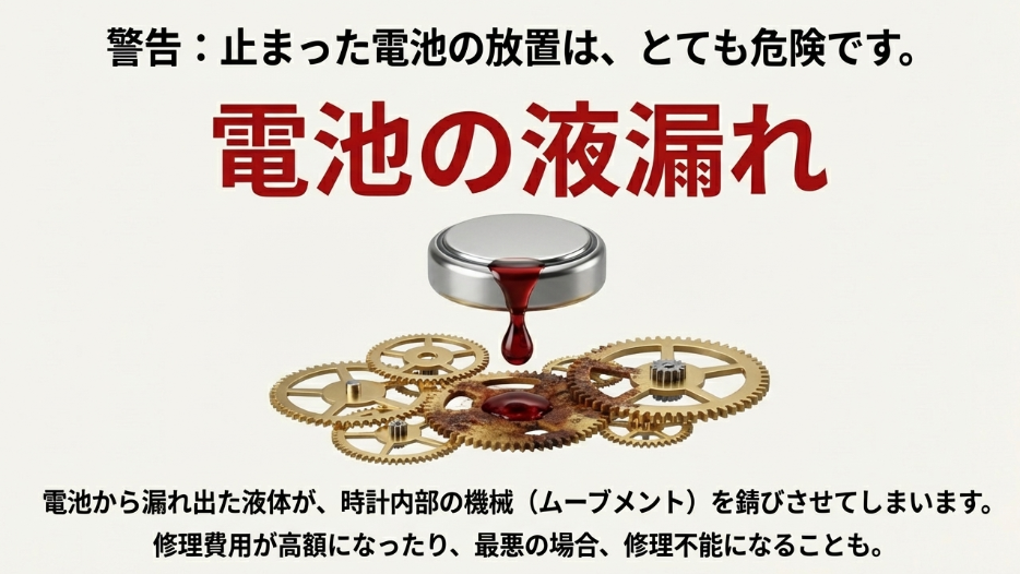 電池から漏れ出た液体が時計内部の歯車（ムーブメント）に垂れて錆びさせているイラスト