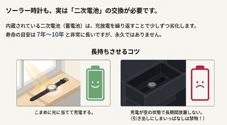 窓際で光に当てて充電している時計と、引き出しの中で充電切れになっている時計の比較イラスト
