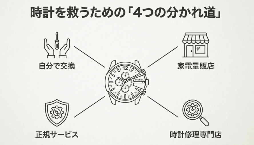 時計を救うための「4つの分かれ道」として、自分で交換、家電量販店、正規サービス、時計修理専門店の4つの選択肢を図示したイラスト。