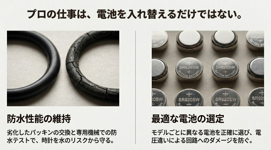 様々な種類のボタン電池と劣化したパッキンの写真。「プロの仕事は、電池を入れ替えるだけではない」として、適切な電池選びと防水テストの重要性を解説。
