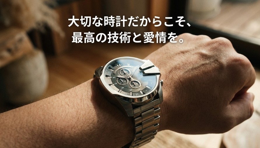 ディーゼルのクロノグラフ腕時計のアップ写真。「大切な時計だからこそ、最高の技術と愛情を。」というメッセージ。