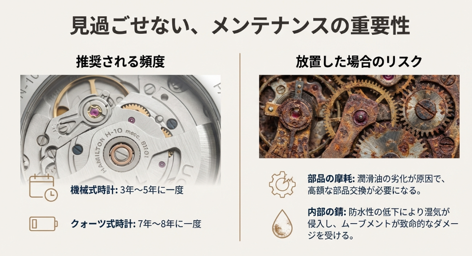 錆びた歯車の写真とともに、機械式は3〜5年、クォーツ式は7〜8年という推奨頻度と、放置した場合の部品摩耗や錆びのリスクを解説。