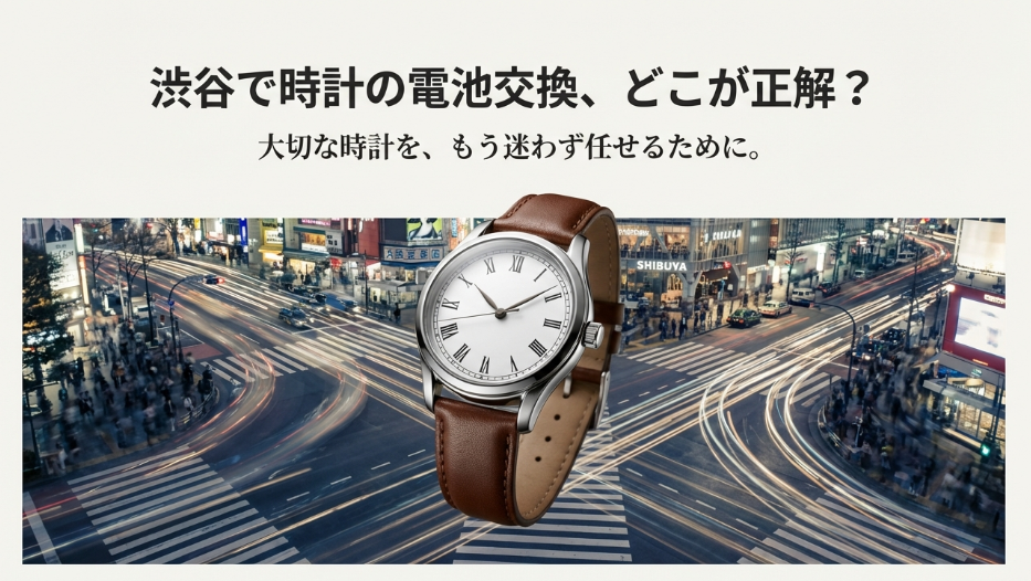 渋谷のスクランブル交差点を背景にした腕時計の画像。「渋谷で時計の電池交換、どこが正解？大切な時計を、もう迷わず任せるために。」というキャッチコピーのスライド。
