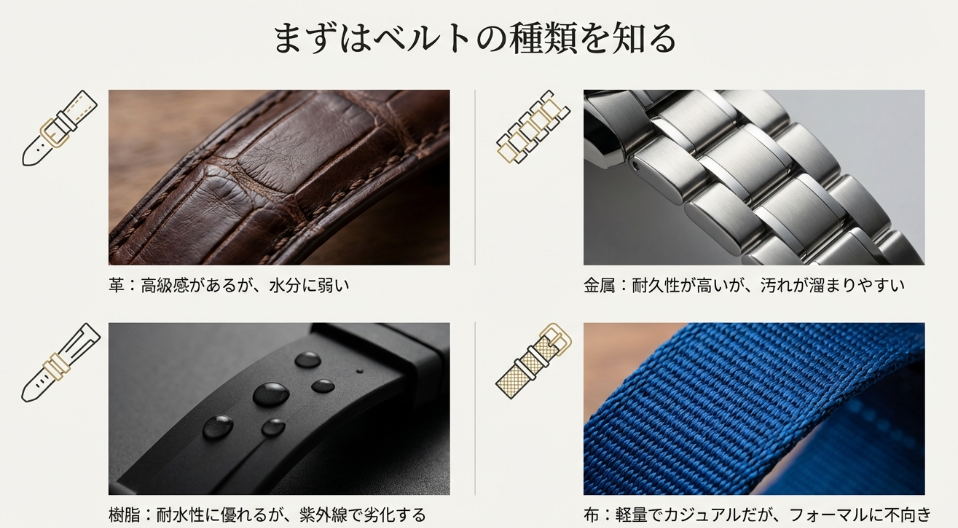 革、金属、樹脂、布（ファブリック）の4種類のベルトについて、それぞれの特徴（高級感、耐久性、耐水性、軽量性など）と短所を解説したスライド。