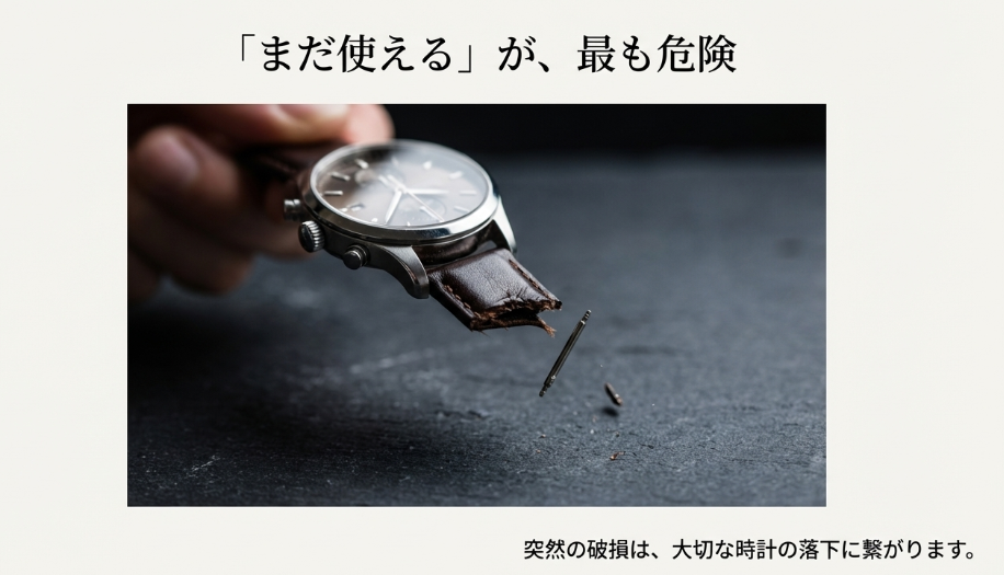 破損したベルトのピン（バネ棒）と腕時計の写真。「『まだ使える』が、最も危険」というメッセージで、突然の破損による時計落下リスクを警告するスライド。